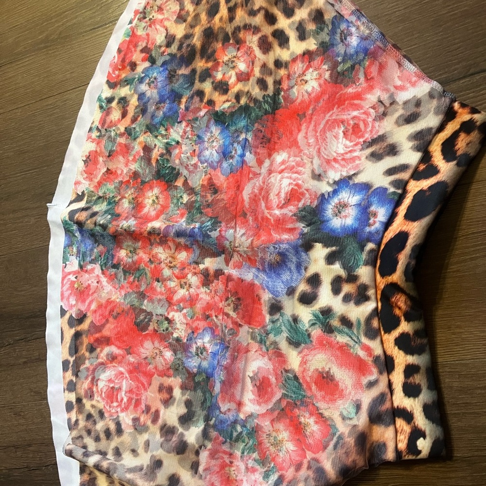Size M ~Miniskirt Flared hemline layered semi sheer colorful animal print floral
